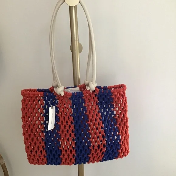 Clare V. Sandy Tote Cobalt & Bright Poppy Stripe NWT - Picture 4 of 15
